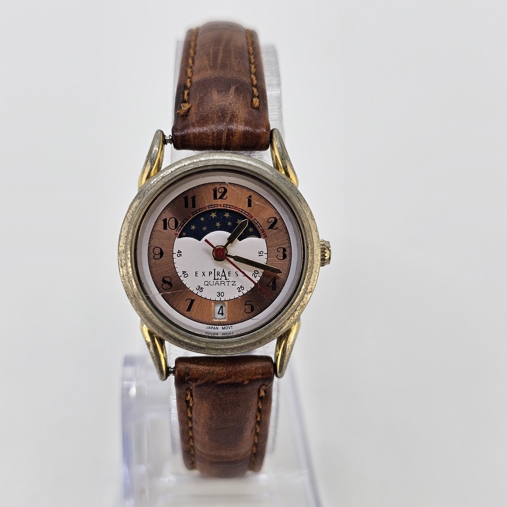 LA Express Women's MoonPhase Watch 25MM Date Brown Bands Up to 6.25" NEW Battery